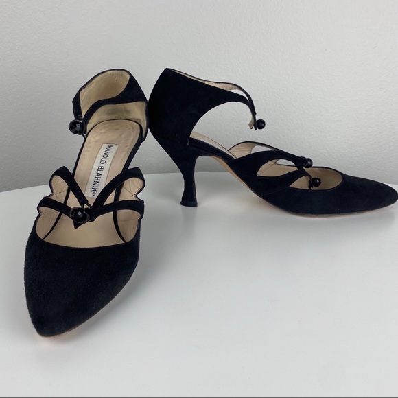 Manolo Blahnik Black Suede Ankle Strap Pumps - Picture 6 of 10
